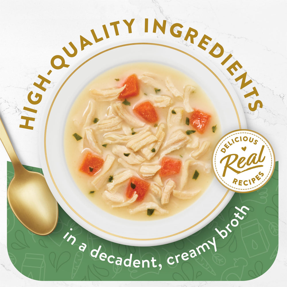 Fancy Feast Broths pollo blanco y verduras, textura suave para gatos mayores