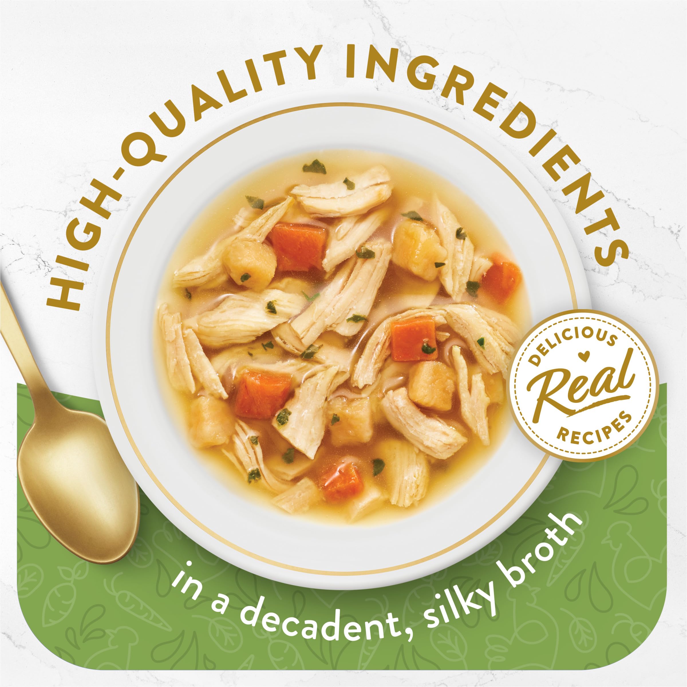 Fancy Feast Broths pollo-verduras reales: trocitos auténticos para realzar la comida diaria.
