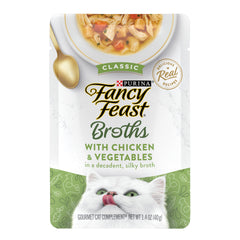 Fancy Feast Broths pollo-verduras sedoso: caldito suave que estimula el apetito felino.