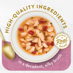 Fancy Feast Broths porciones individuales, servicio limpio y rápido para la cena.