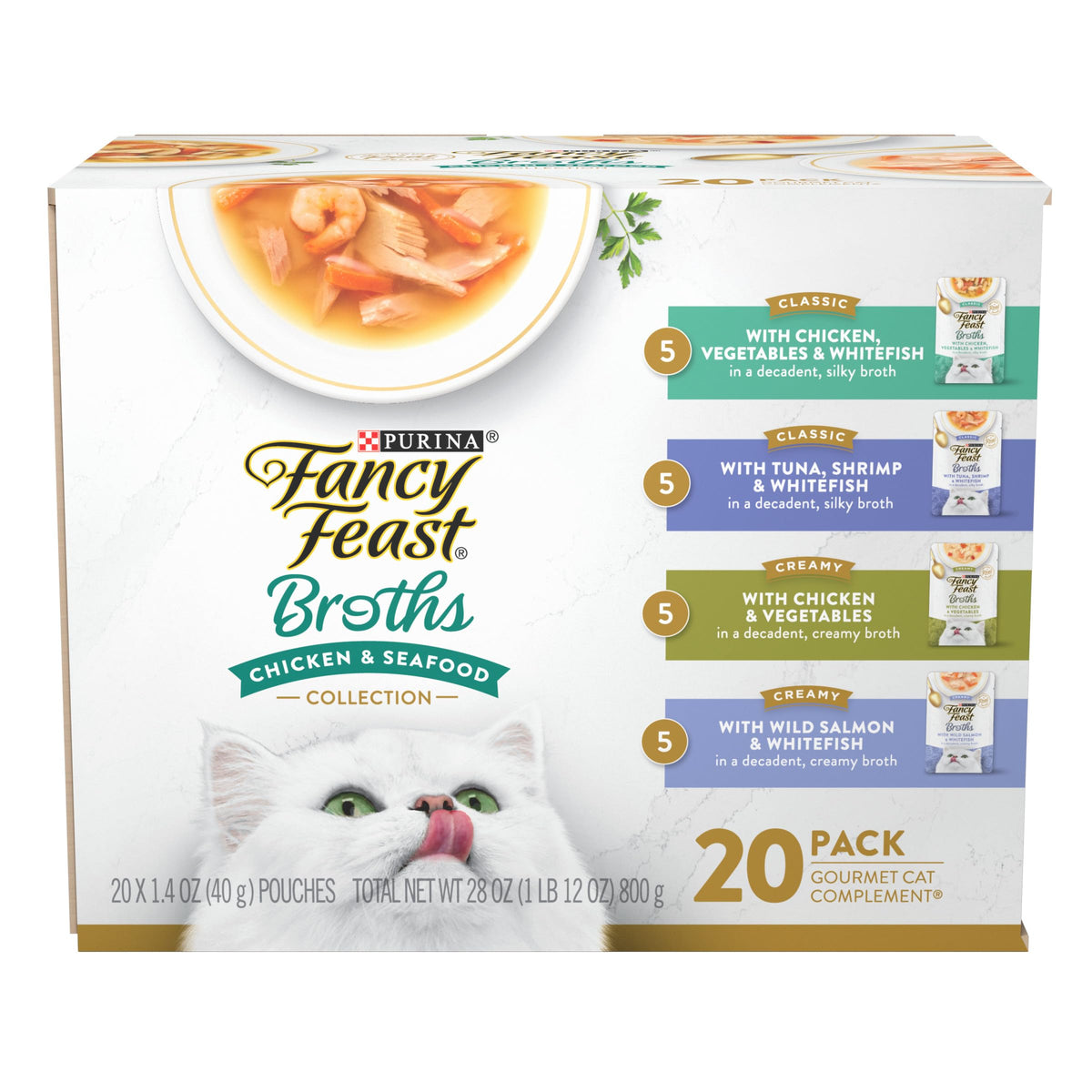 Fancy Feast Broths: trozos reales de pollo y mariscos en caldo sedoso para realzar el sabor