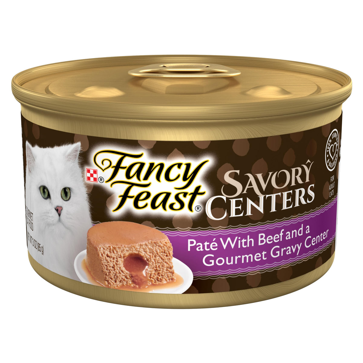 Fancy Feast centros sabrosos de carne en paté, textura atractiva para gatos.