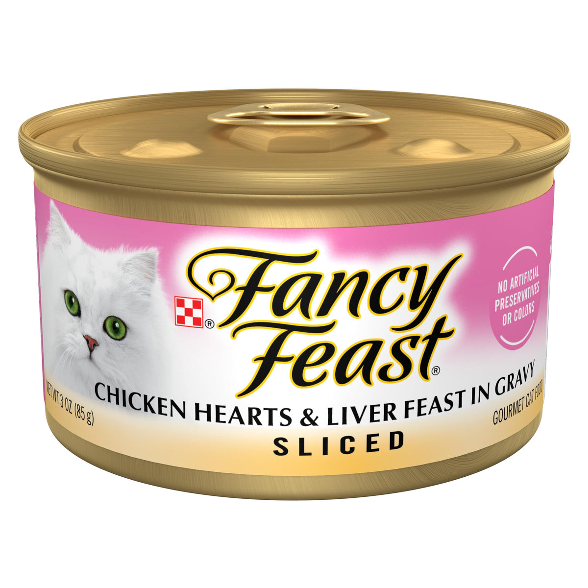 Fancy Feast, corazones-pollo-higado en salsa, sabor delicioso para gatos adultos.