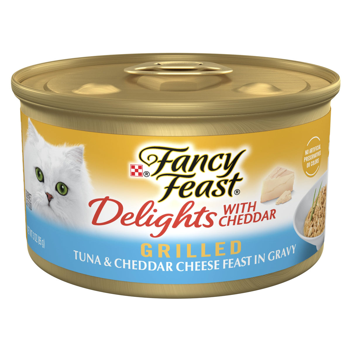 Fancy Feast Delights: atún asado y queso cheddar en lata, sabor que invita a comer.