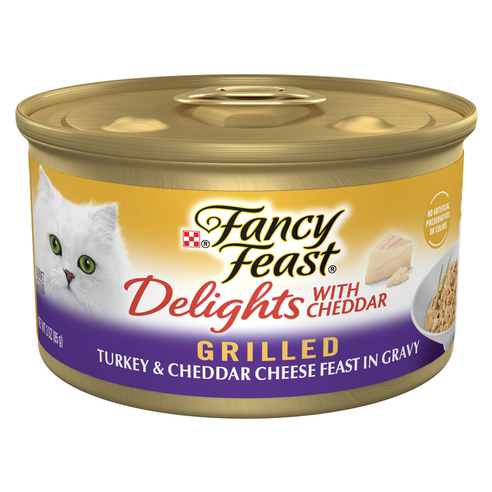 Fancy Feast Delights: lata abierta con pavo y cheddar para gato.