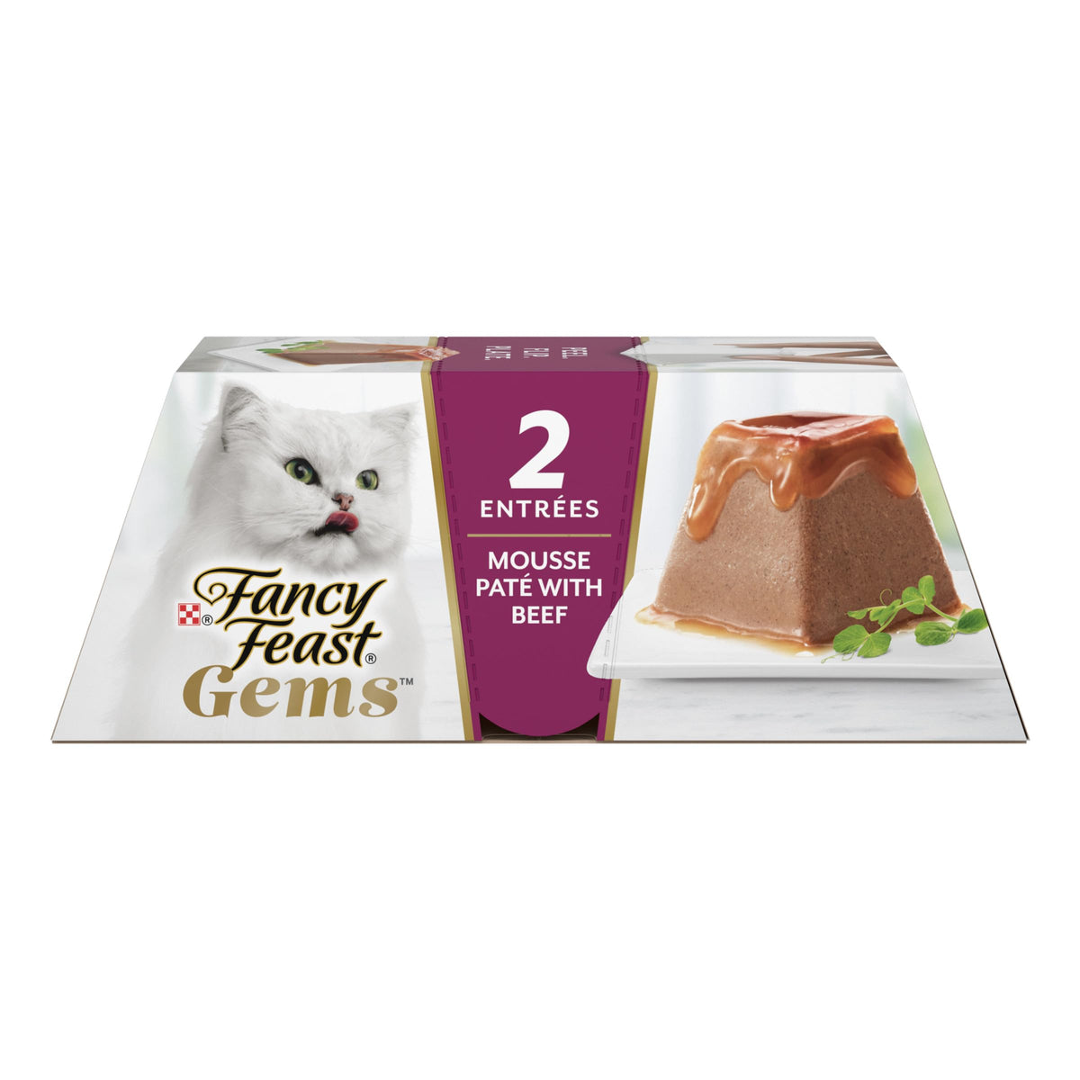 Fancy Feast Gems Mousse con carne de res y salsa sabrosa para gatos.