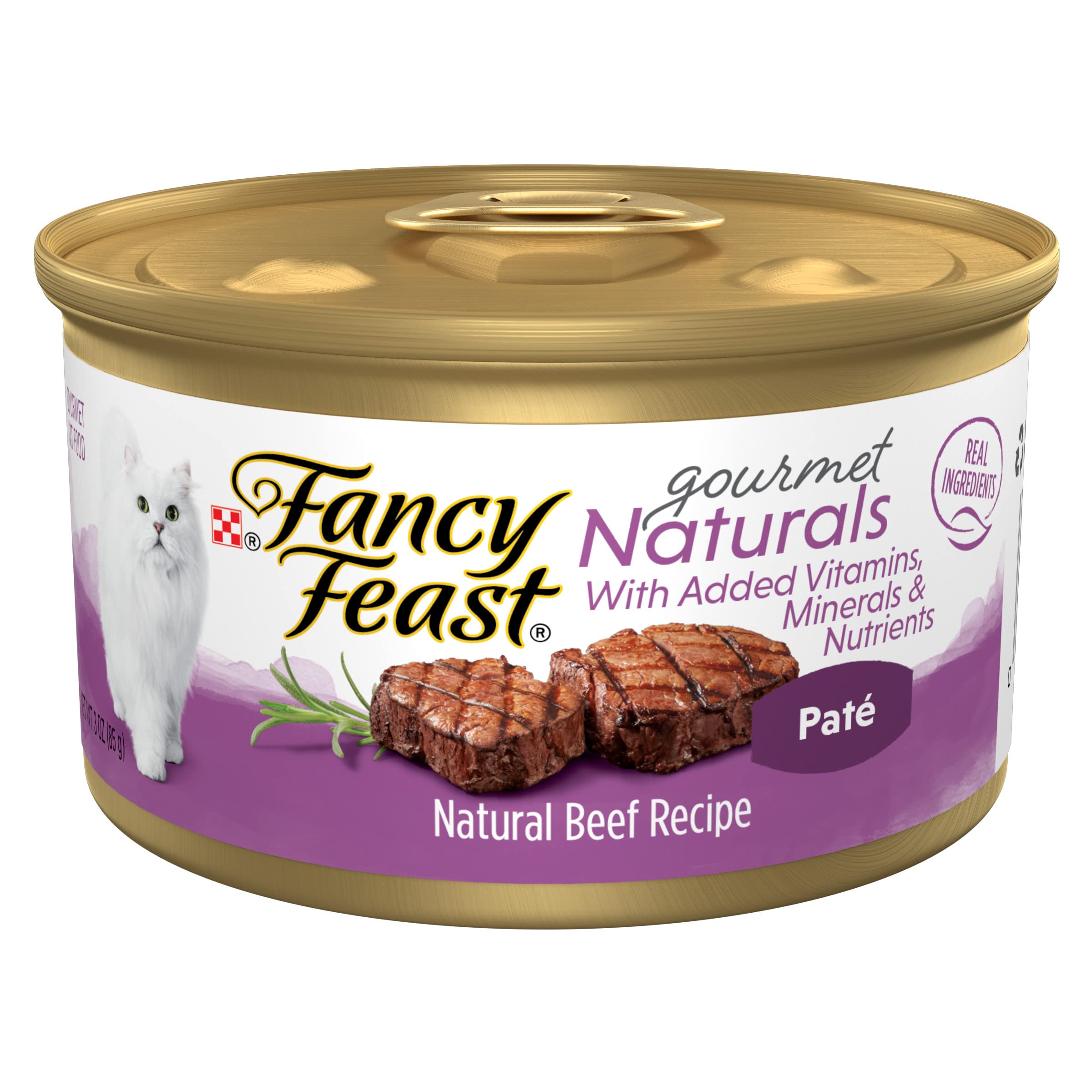 Fancy Feast Gourmet Naturals carne en paté, sabor irresistible para estimular el apetito felino.