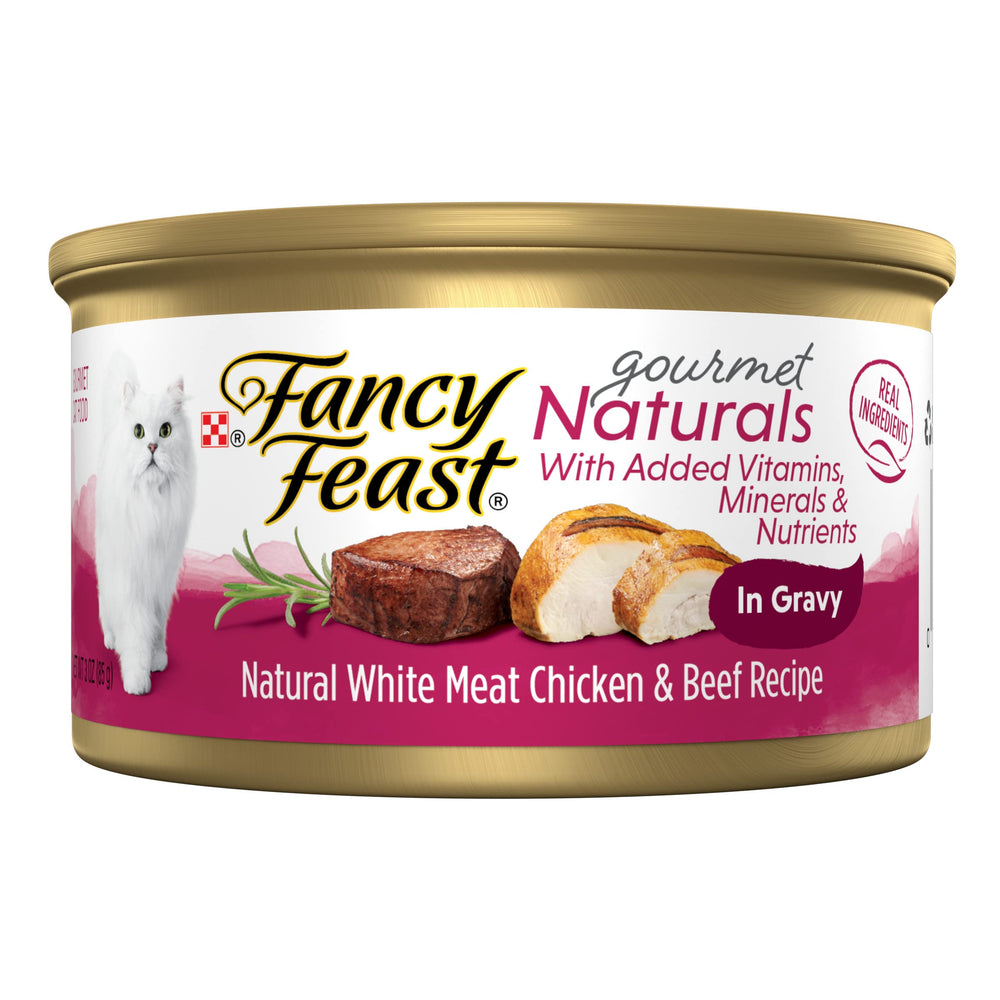 Fancy Feast Gourmet Naturals chicken and beef in gravy served in a bowl for adults