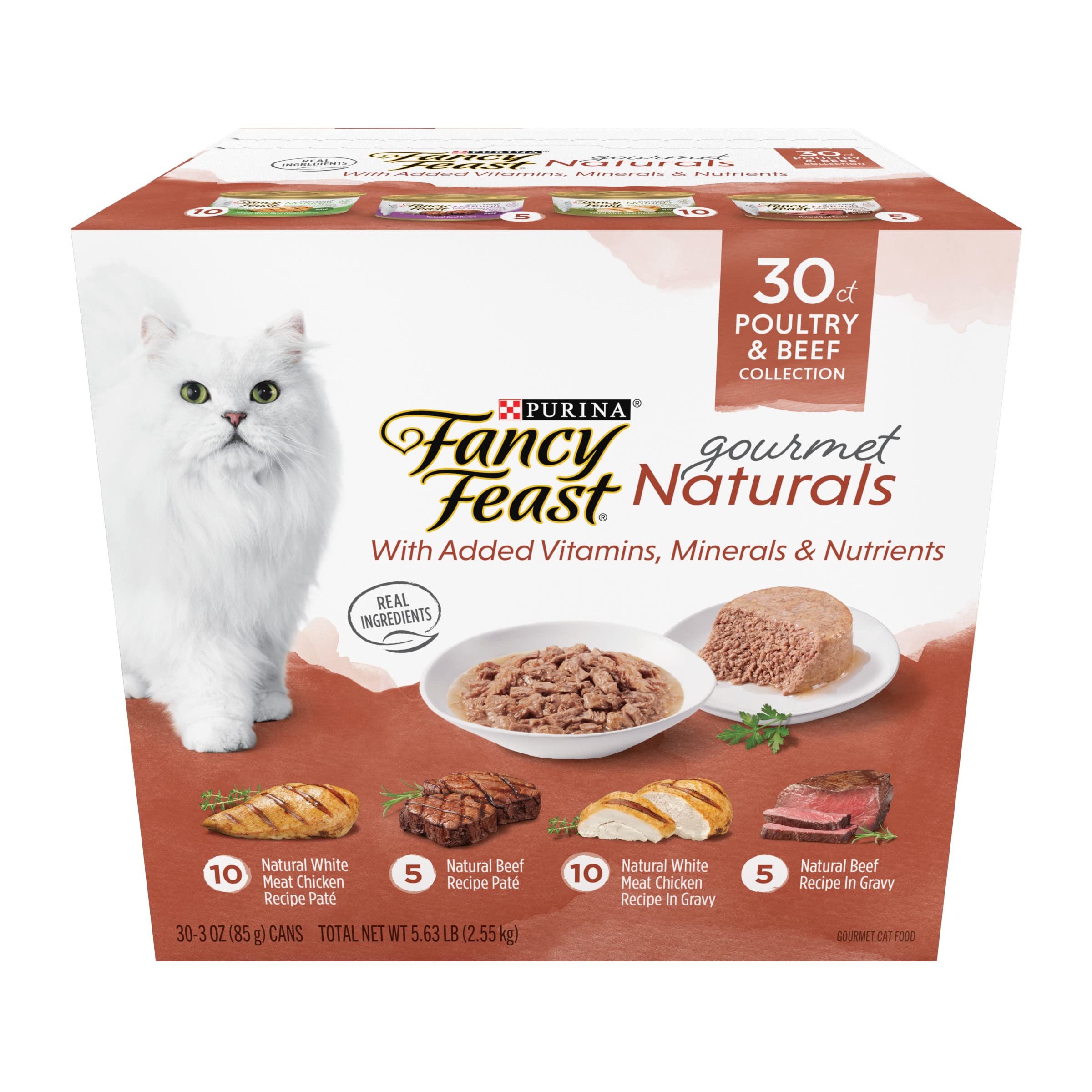 Fancy Feast Gourmet Naturals: lata 3oz de pollo, textura suave para gatos curiosos.