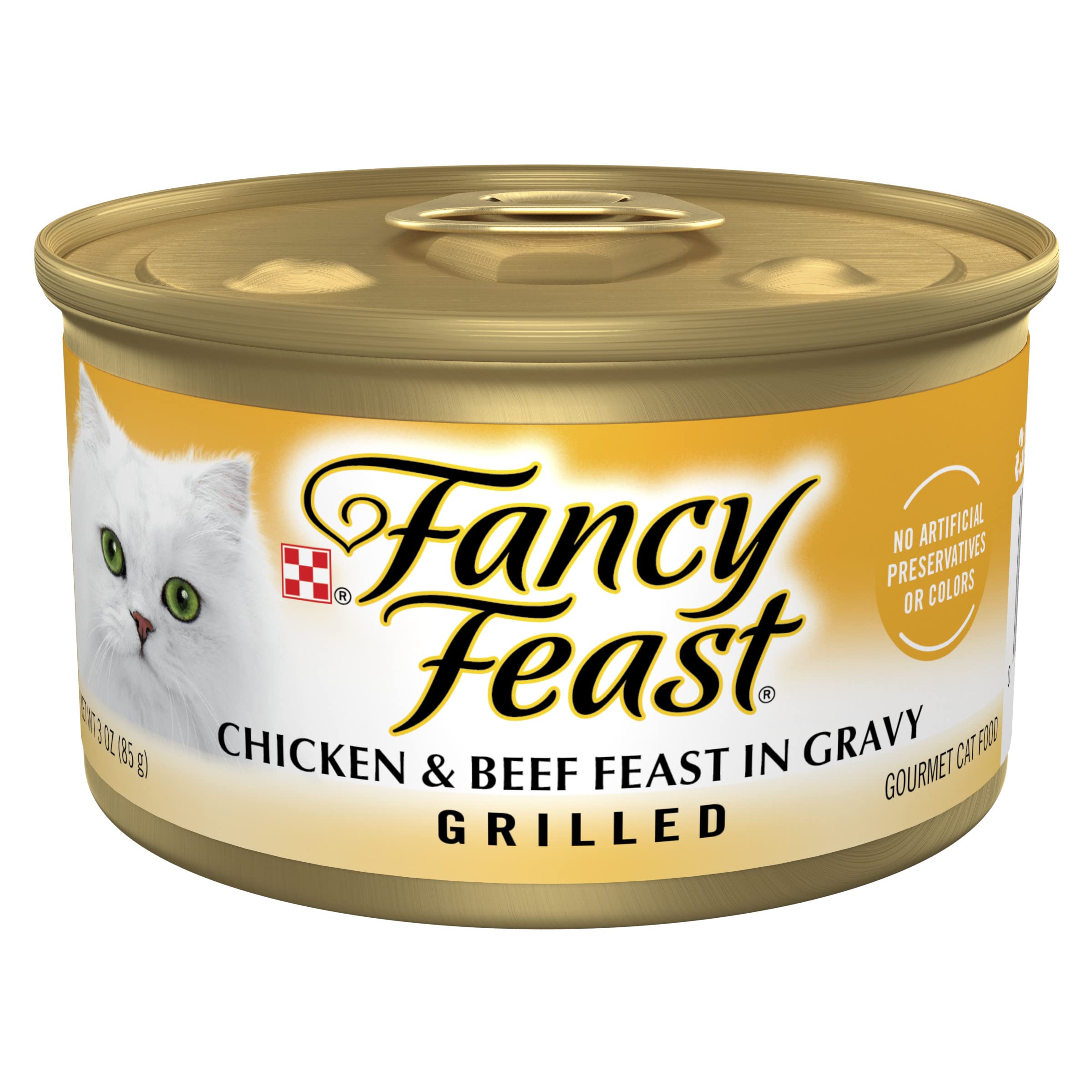 Fancy Feast grillado: pollo y carne en lata 3oz, sabor atractivo para gatos.