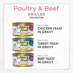 Fancy Feast Grilled res en lata 3 oz, gravy ligero para una experiencia gourmet.