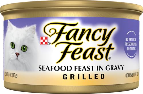 Fancy Feast FF Mariscos a la parrilla 3oz - etiqueta visible, información clara del producto.