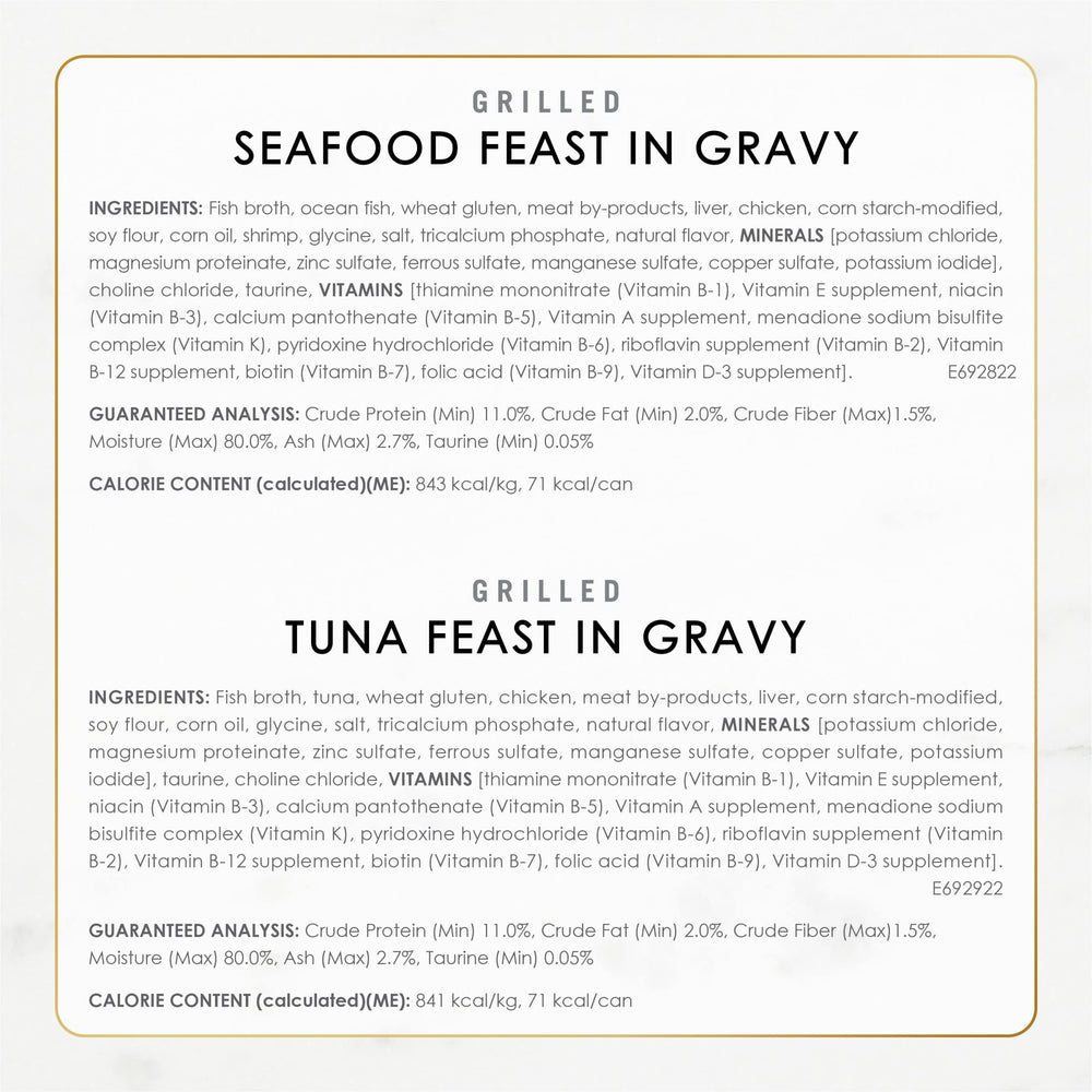Fancy Feast Grilled Seafood, lata de 3 onzas, sin colores artificiales.