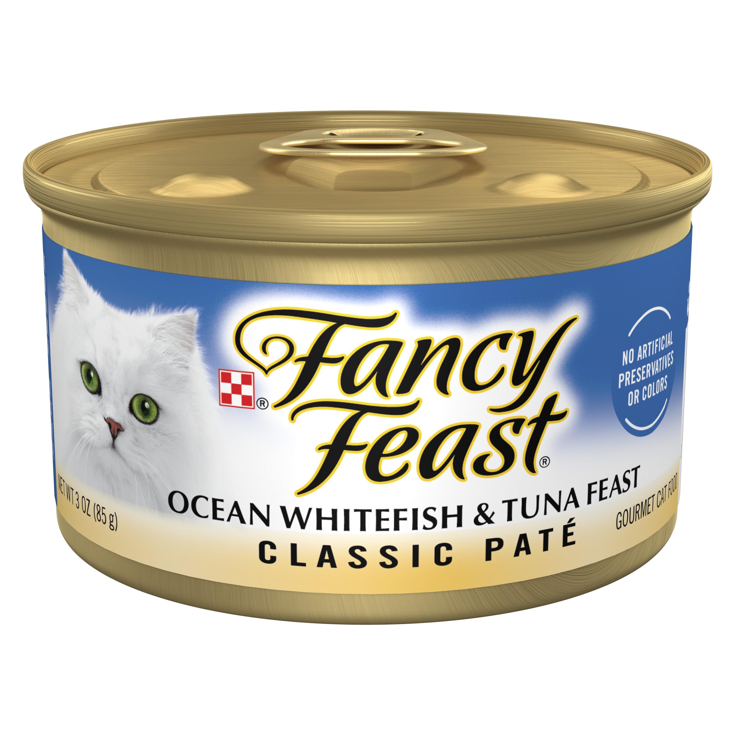 Fancy Feast Ocean Whitefish y Atún en lata, sabor marino para gatos exigentes.