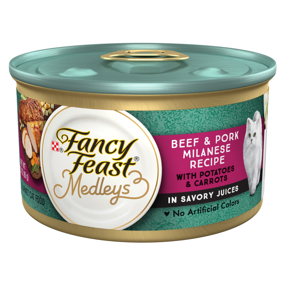 Fancy Feast Medleys Beef & Pork Milanese en lata, carne real para gatos.