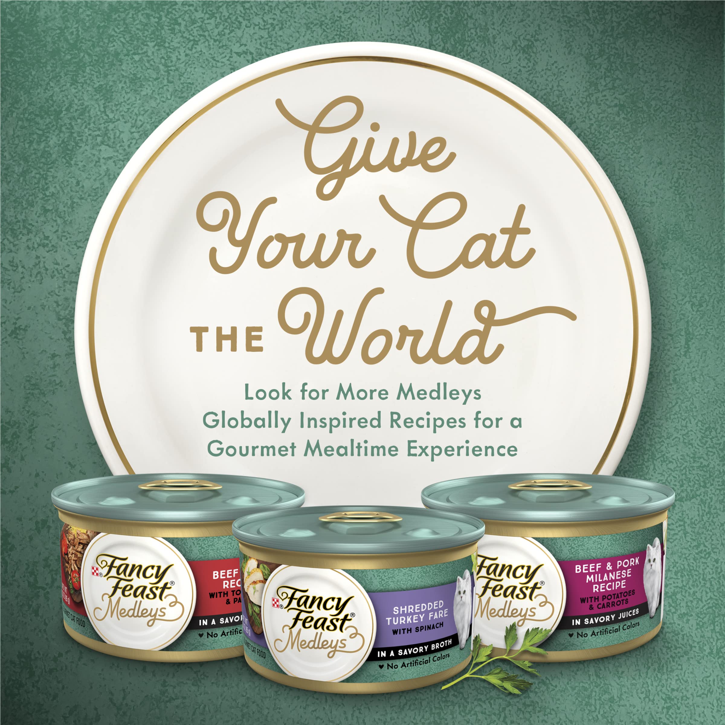 Purina Fancy Feast Medleys caldo sabroso para servir en tazón diario.