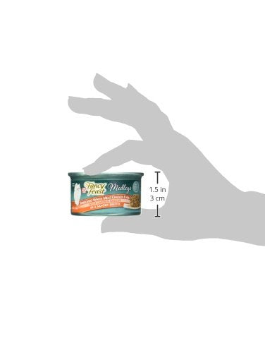 Purina Fancy Feast Medleys desmenuzado de pollo con espinacas en textura agradable para gatos.