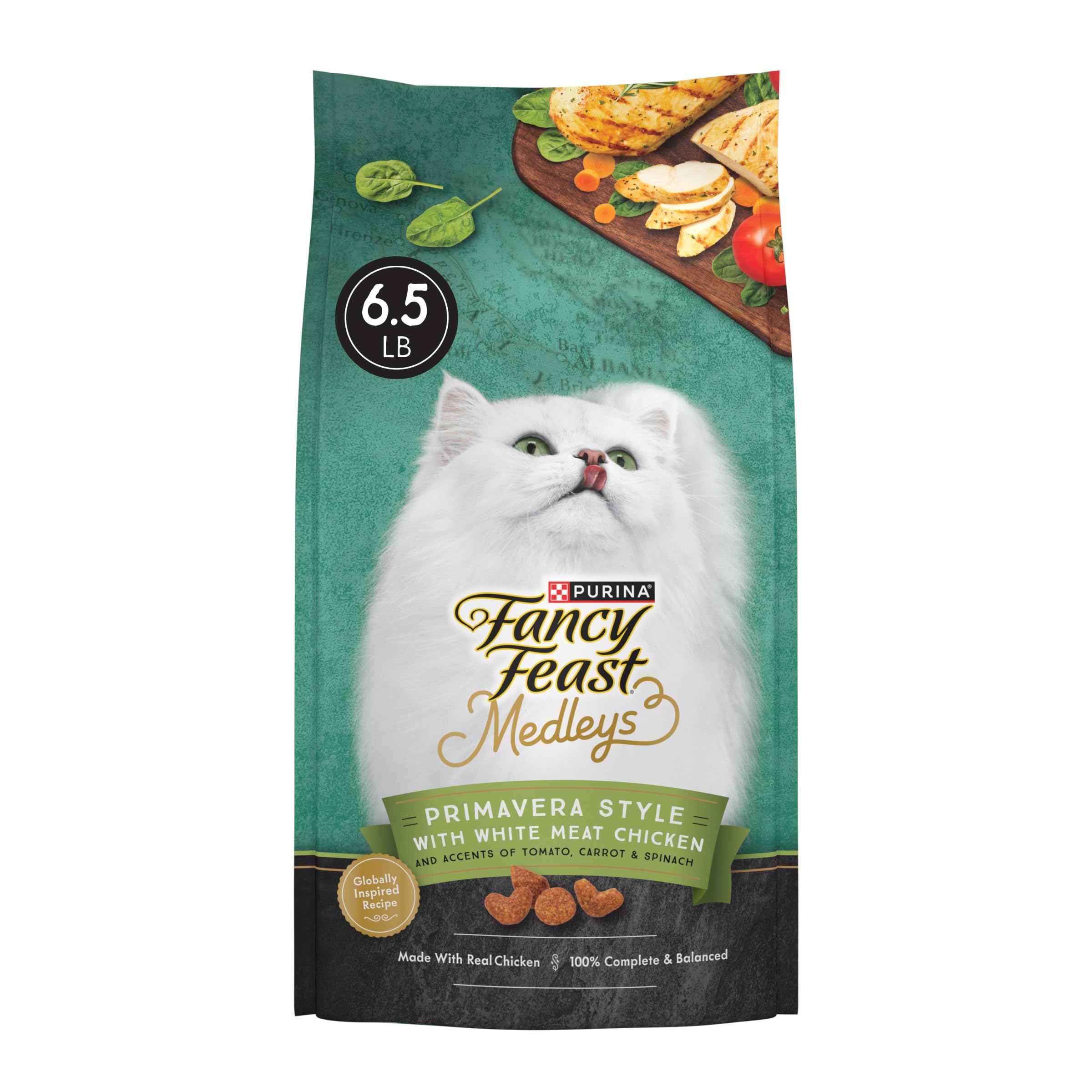 Fancy Feast Medleys Primavera estilo pollo blanco, sabor delicioso para gatos activos.