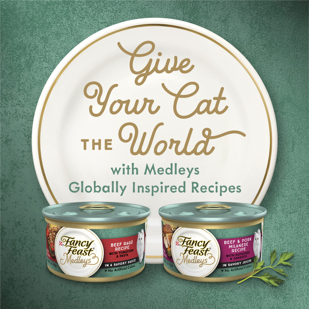 Fancy Feast Medleys sabores-del-mundo-lata, inspiración culinaria para gatos