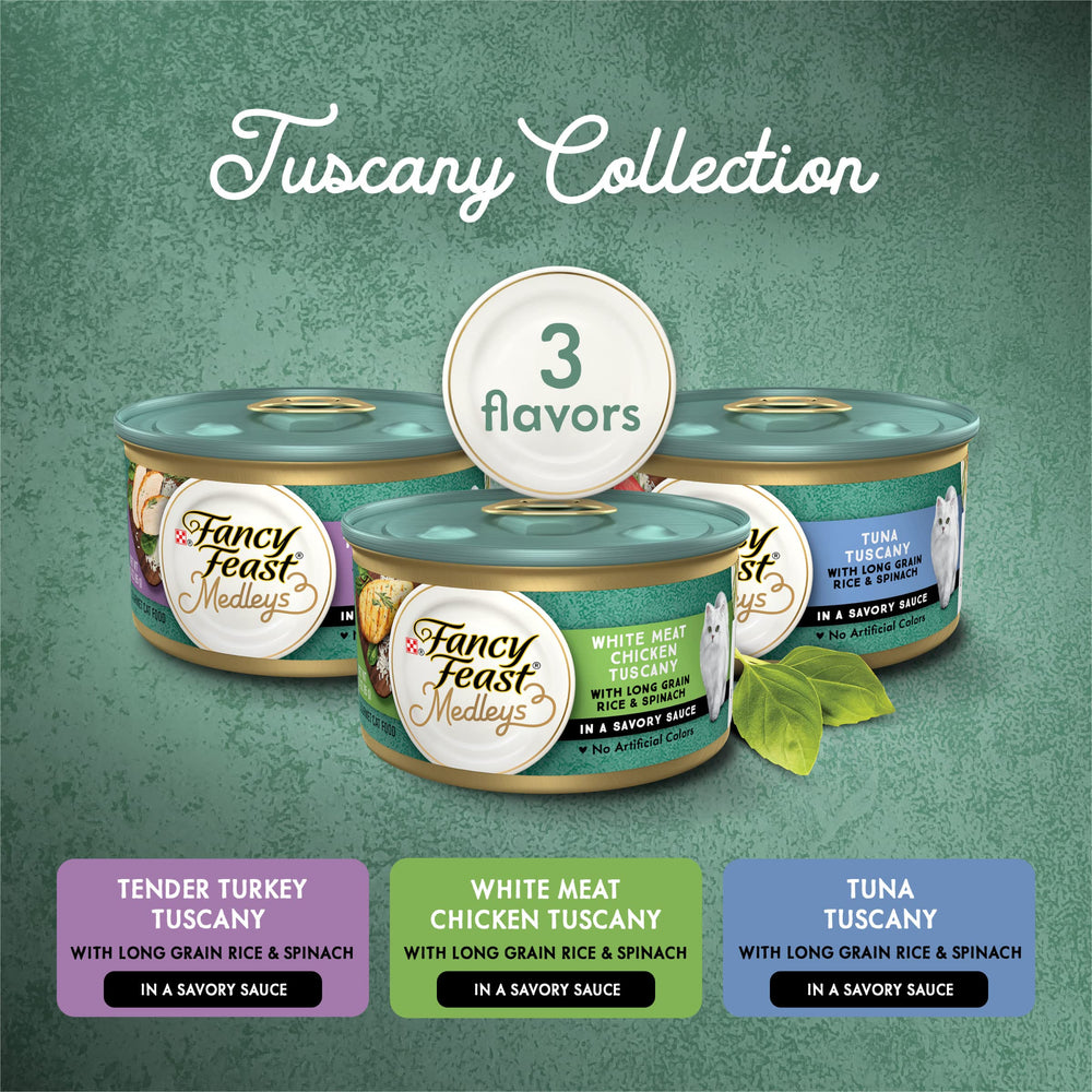 Fancy Feast Medleys Toscana, lata de pavo 3 oz con trozos jugosos.