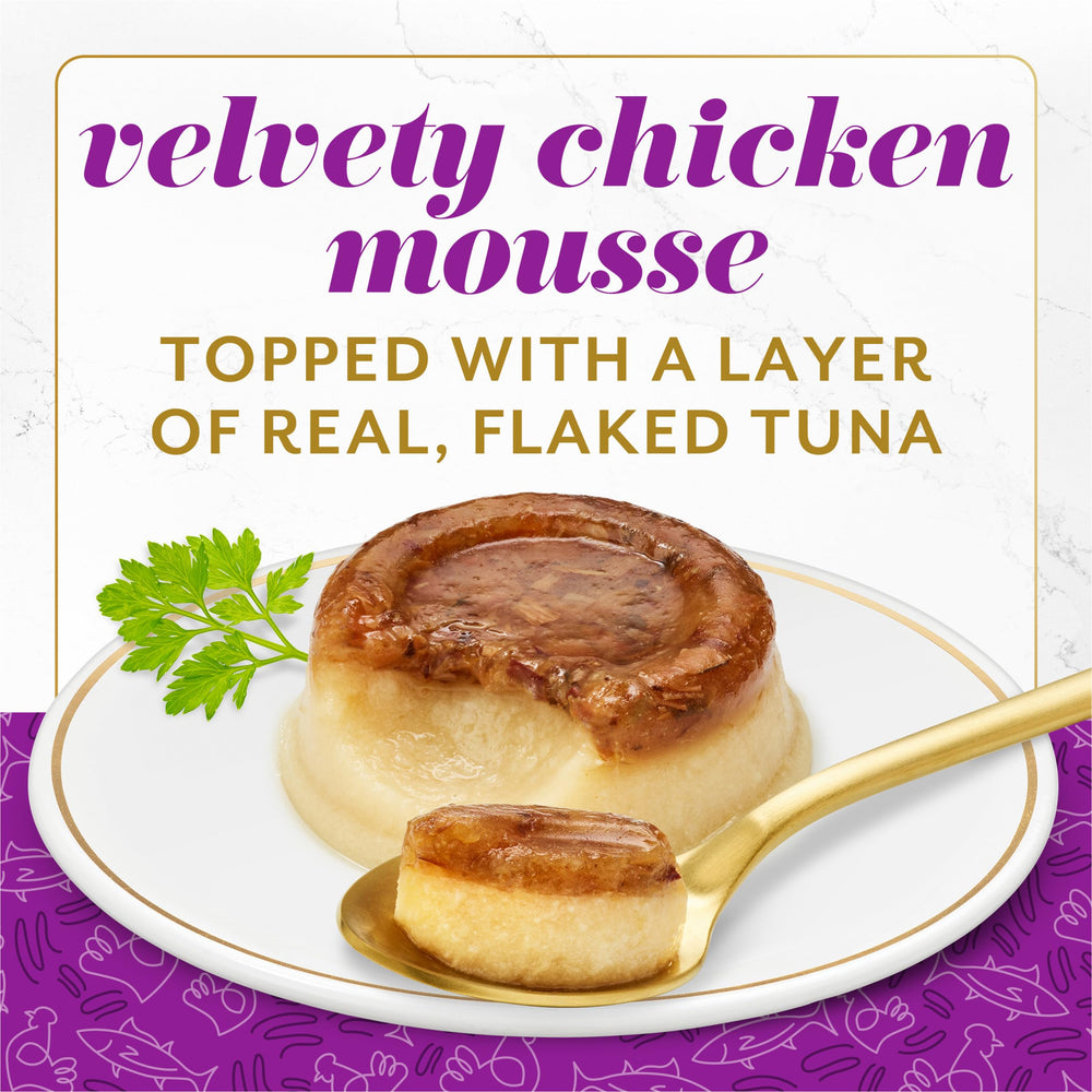 Fancy Feast mousse de pollo y atún skipjack en dos texturas para snack