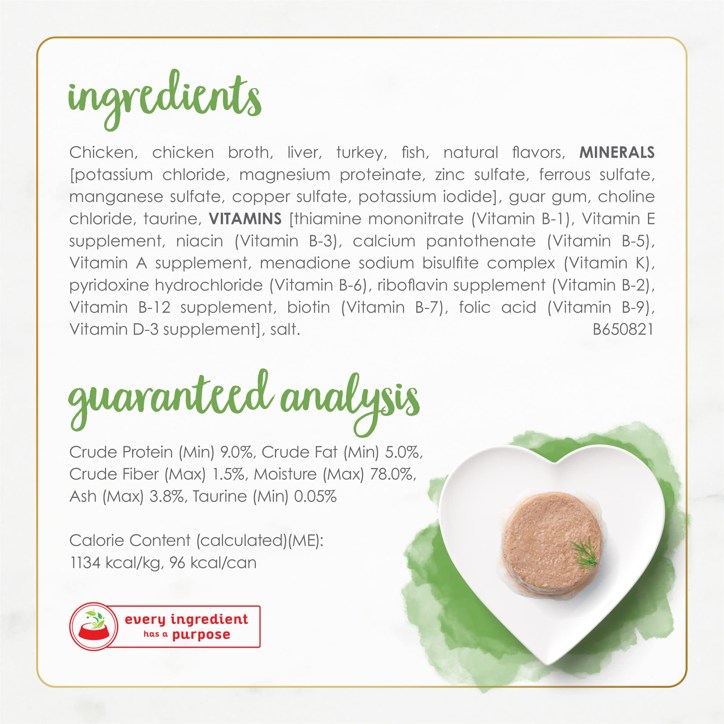 Ingredientes visibles en Fancy Feast Naturals Pate de pollo blanco.