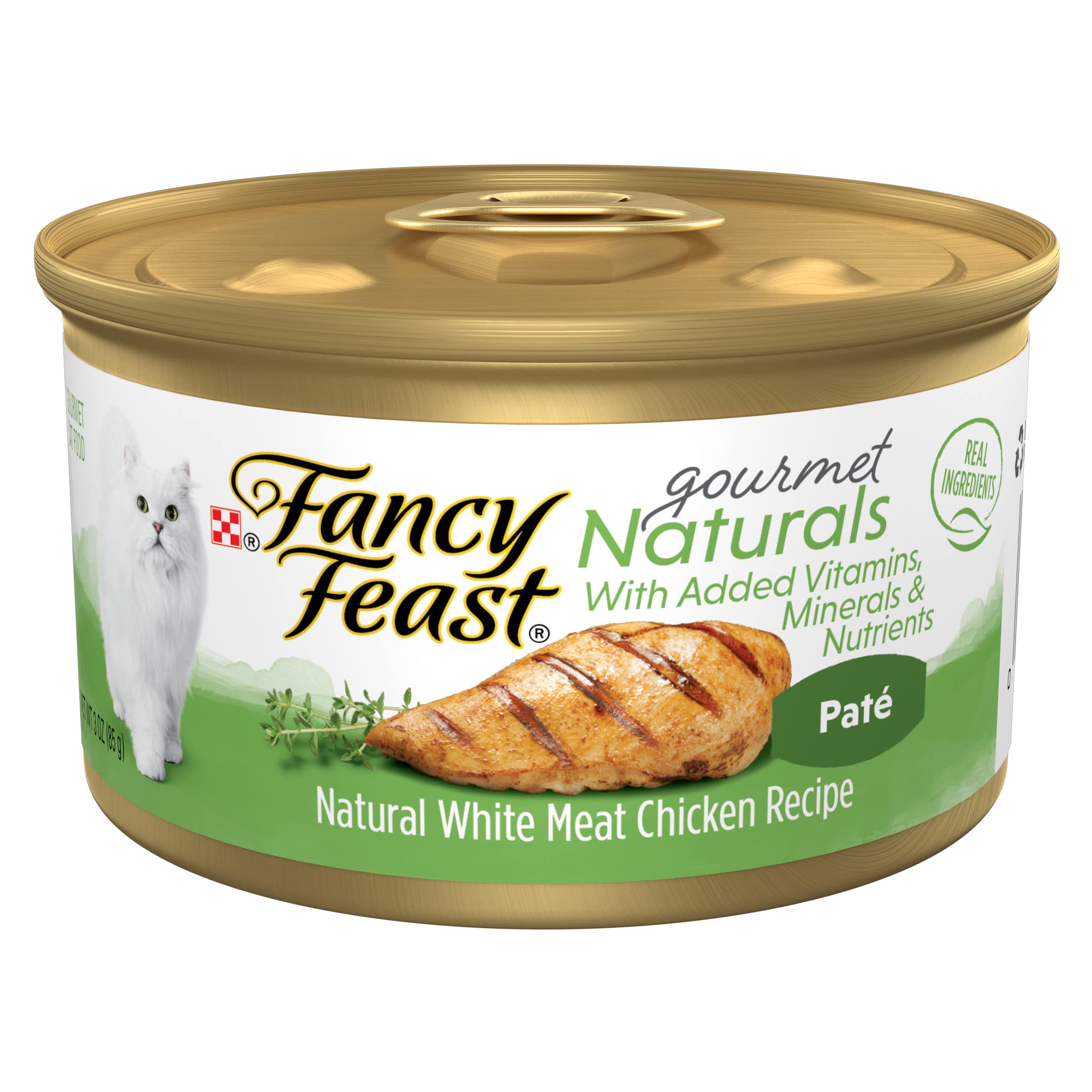 Fancy Feast Gourmet Naturals Pate de pollo blanco, textura cremosa para comer fácil.