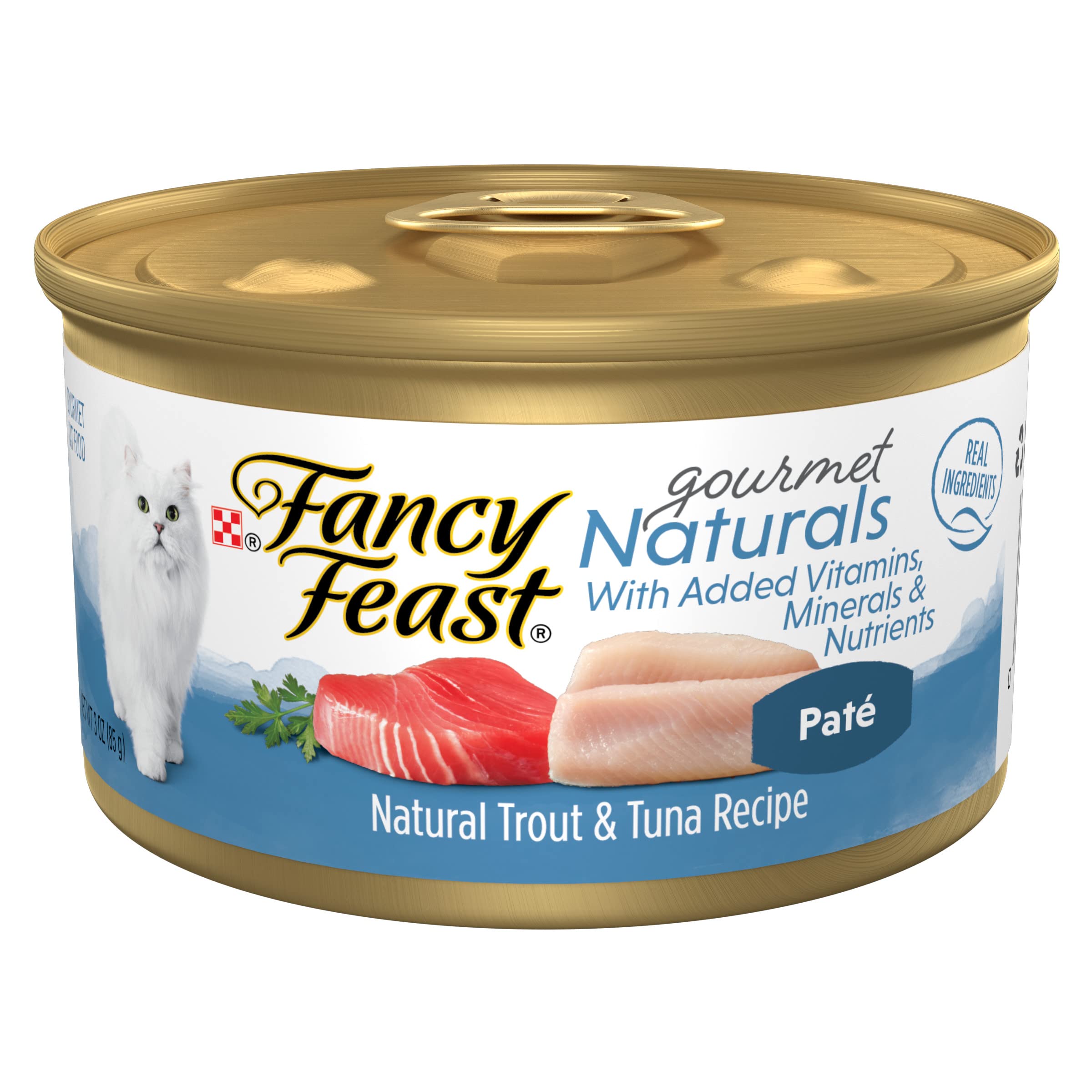 Fancy Feast Pate Trucha y Atún: lata 3oz con sabor irresistible para gatos adultos.