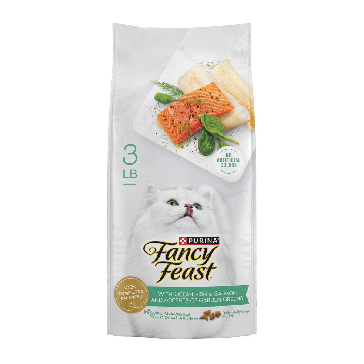 Fancy Feast pesca del océano y salmón, bolsa de 1,36 kg, textura crujiente para gatos.