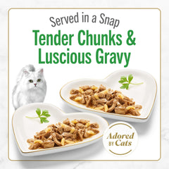Morceaux poulet grillé visibles et sauce onctueuse pour chat gourmet.