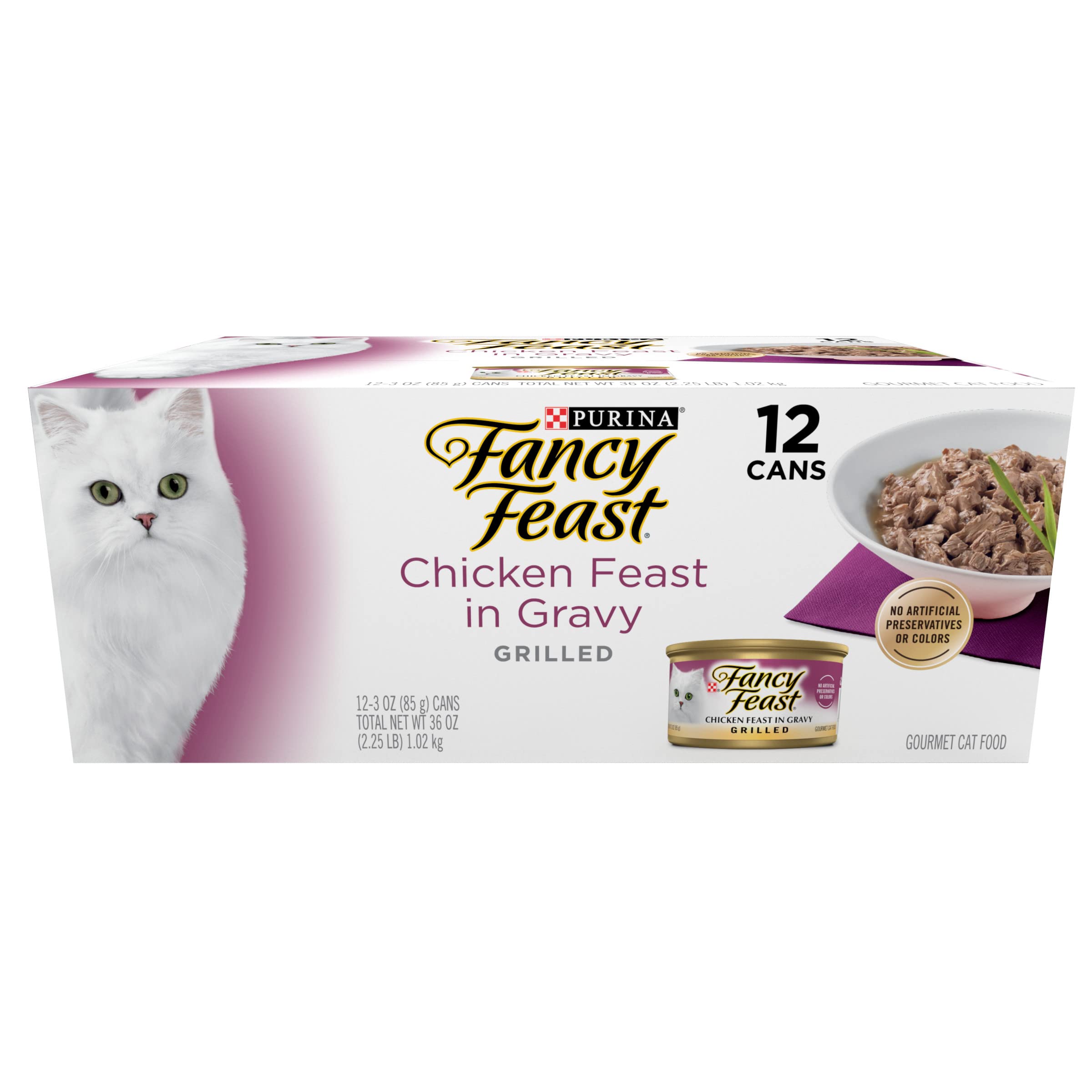 Purina Fancy Feast pollo asado en salsa en lata, sabor irresistible para gatos adultos.