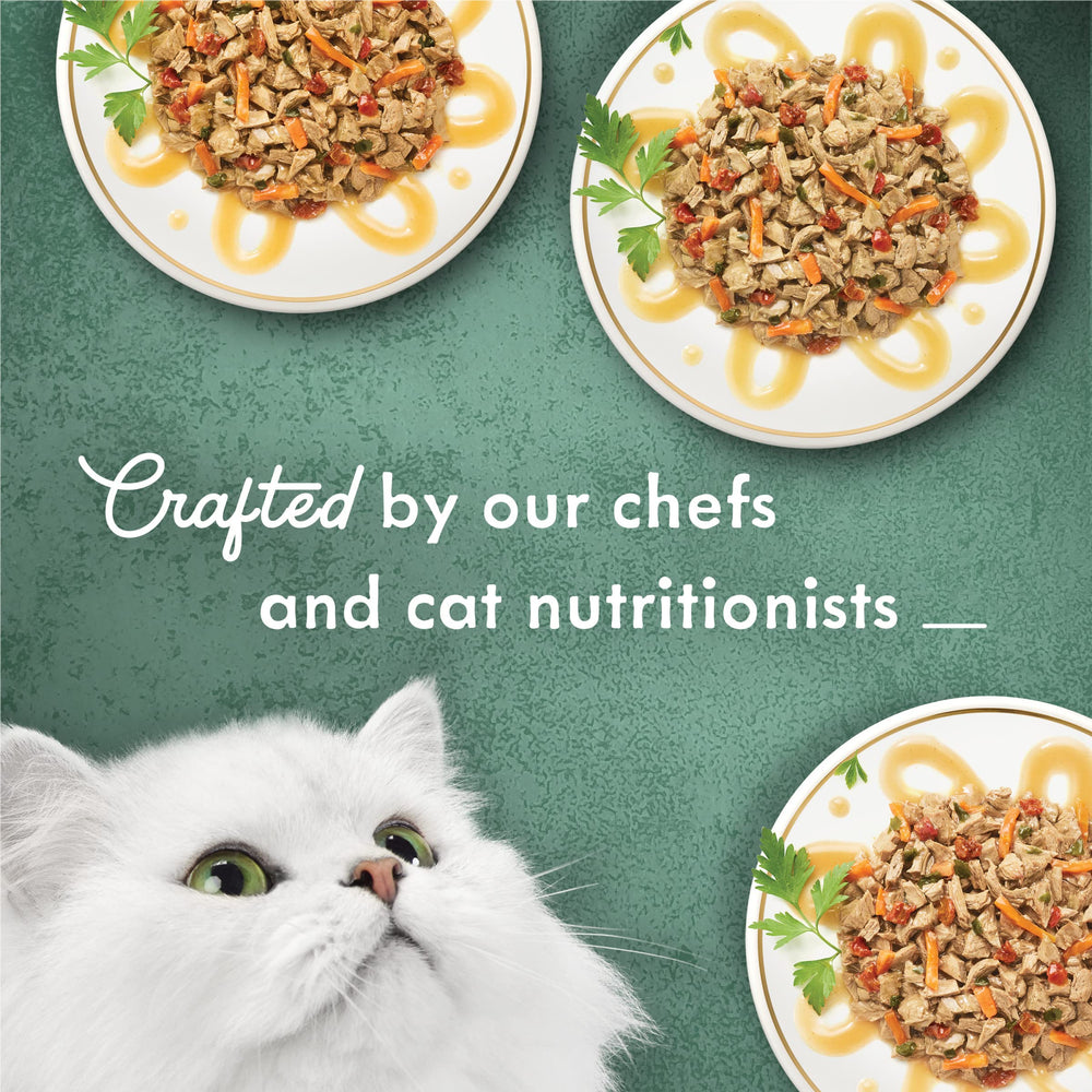 Fancy Feast Primavera lata abierta mostrando trozos jugosos.