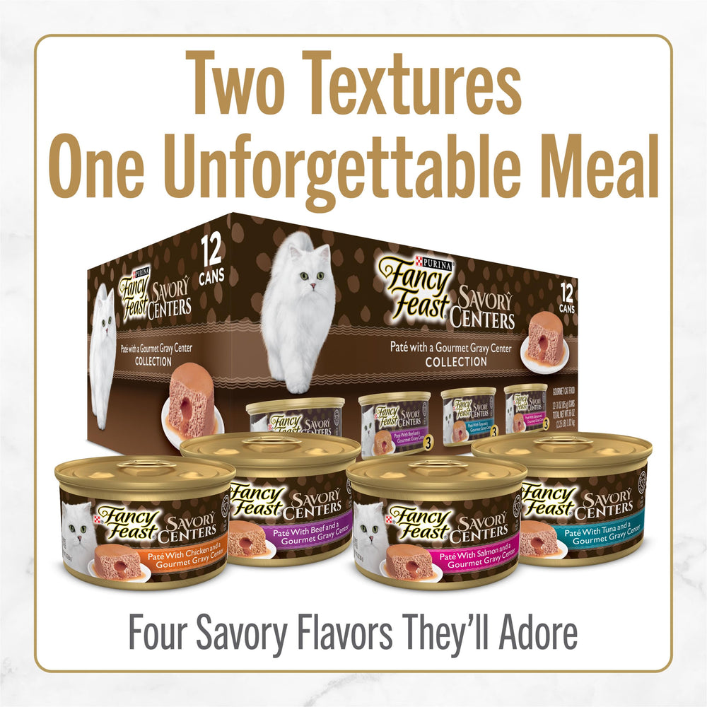 Fancy Feast Savory Centers paté de atún con centro sabroso, perfecto para días especiales.