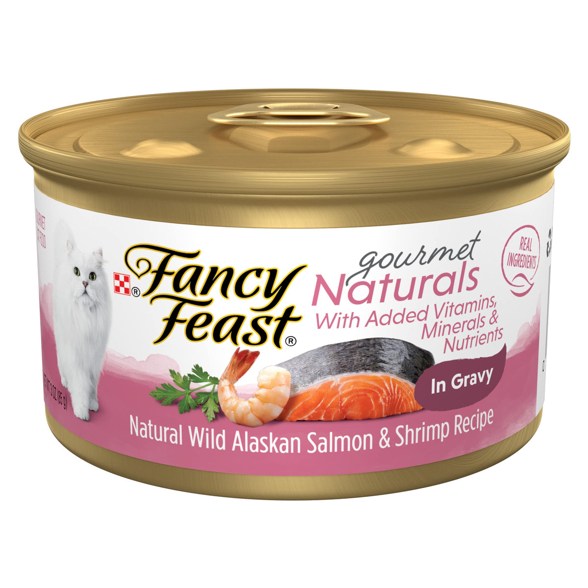 Fancy Feast salmón Alaska y camarones en salsa, sabor gourmet y proteína para músculos.