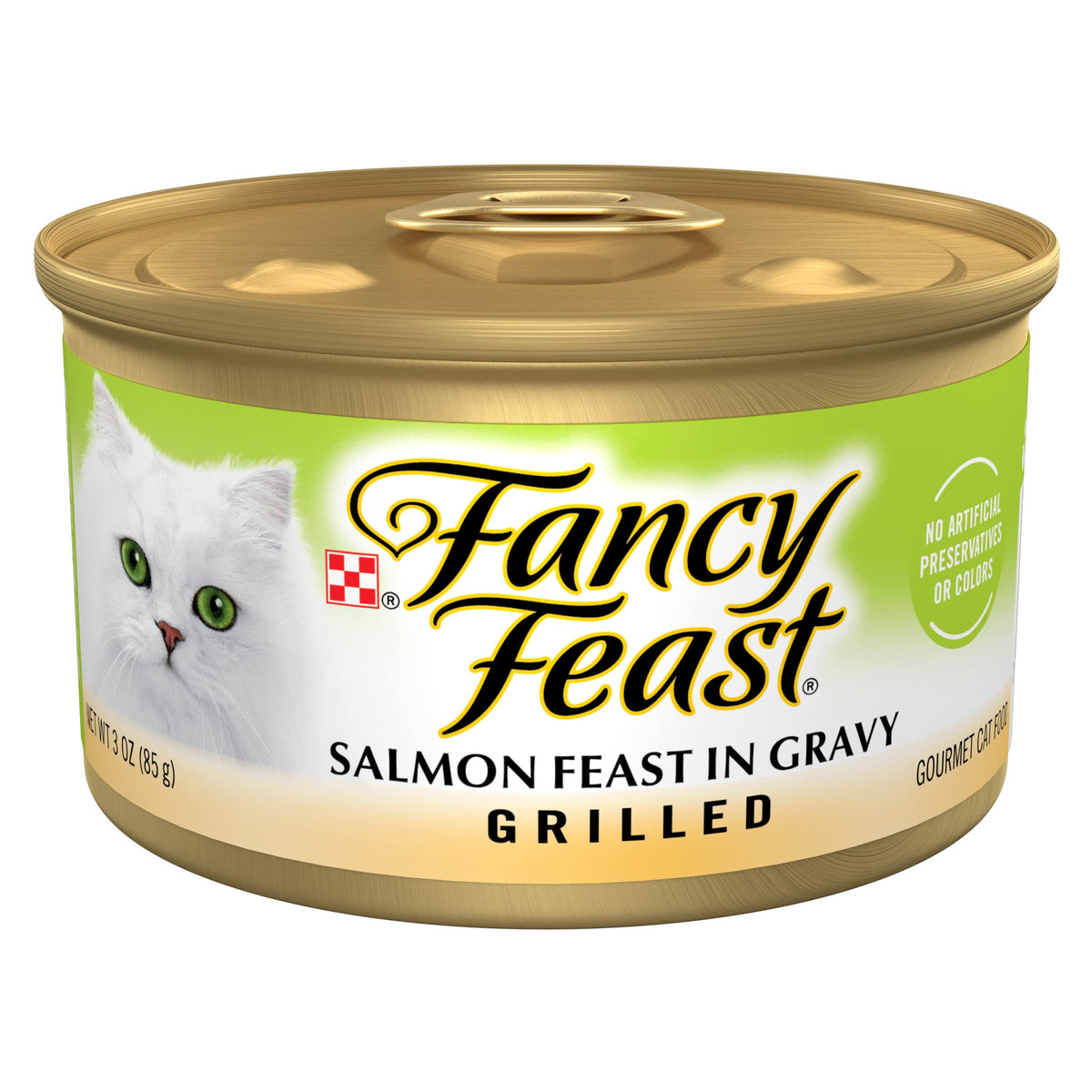 Fancy Feast salmón grillado en lata 3oz, trozos jugosos para gusto gourmet.