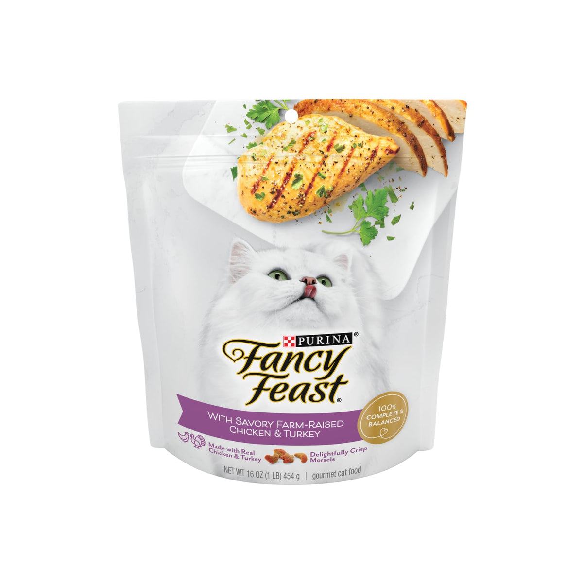 Fancy Feast comida seca para gatos, crujientes trocitos de pollo y pavo para paladar exigente