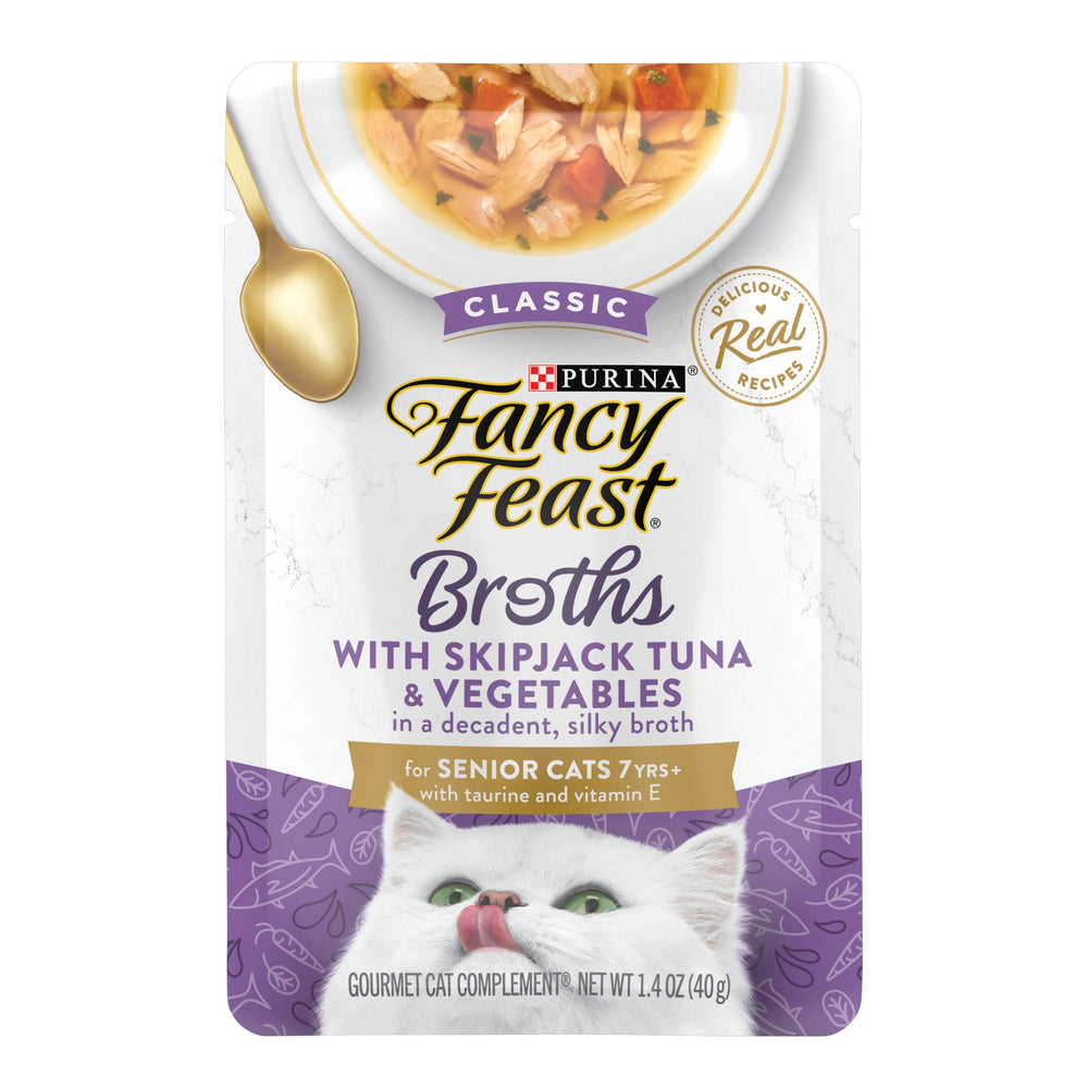Fancy Feast Senior Broths, paquetes de 16, listo para complementar la comida.