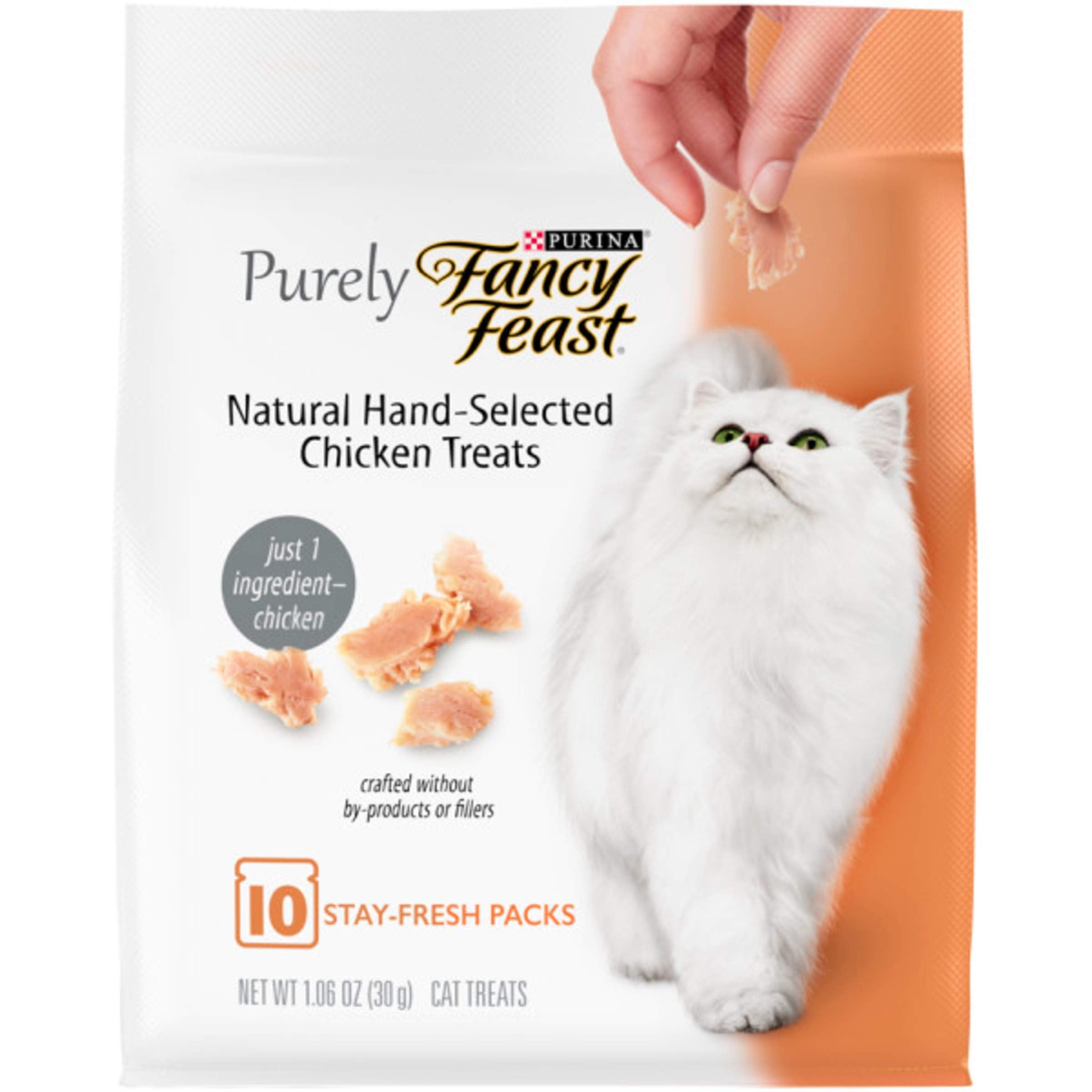 Purina Fancy Feast snacks naturales para gatos, pollo seleccionado, en envase de 10 bolsitas.