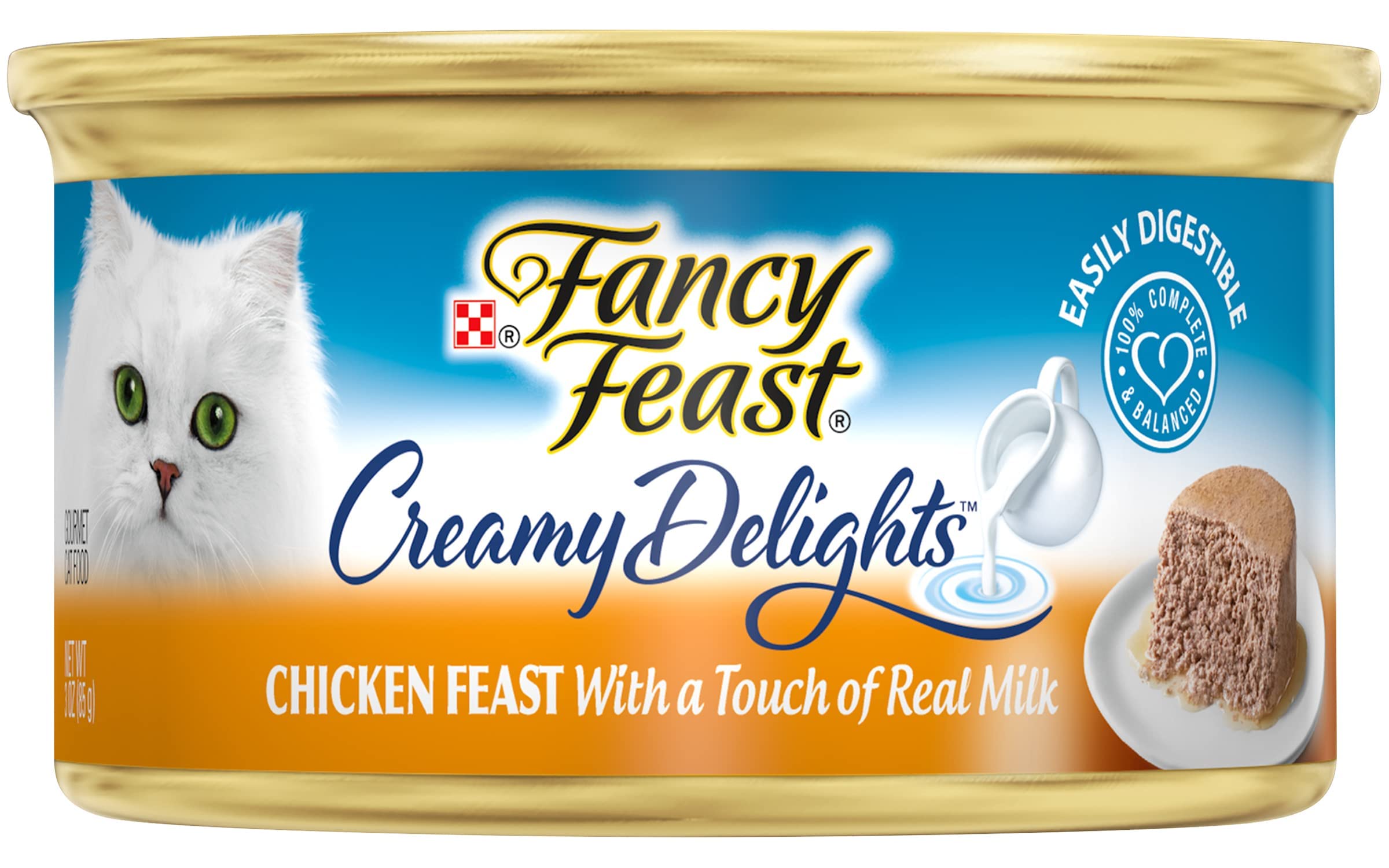 Fancy Feast Creamy Delights: textura paté sedosa en lata, ideal para gatos exigentes.