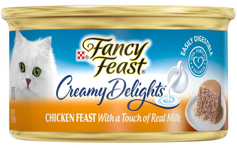 Fancy Feast Creamy Delights: textura paté sedosa en lata, ideal para gatos exigentes.