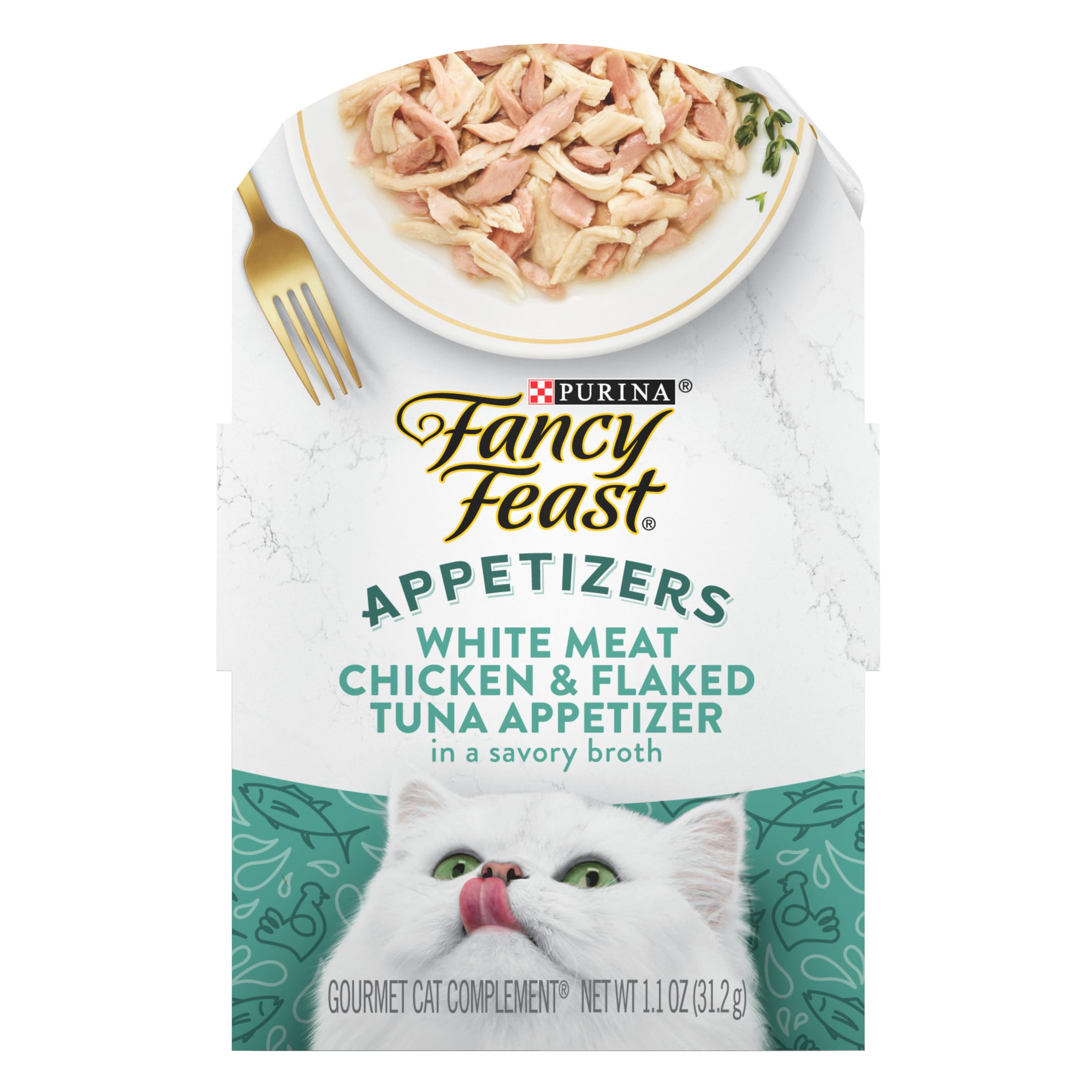 Fancy Feast Appetizers en bandeja abierta con pollo y atún, ideal como complemento sabroso.