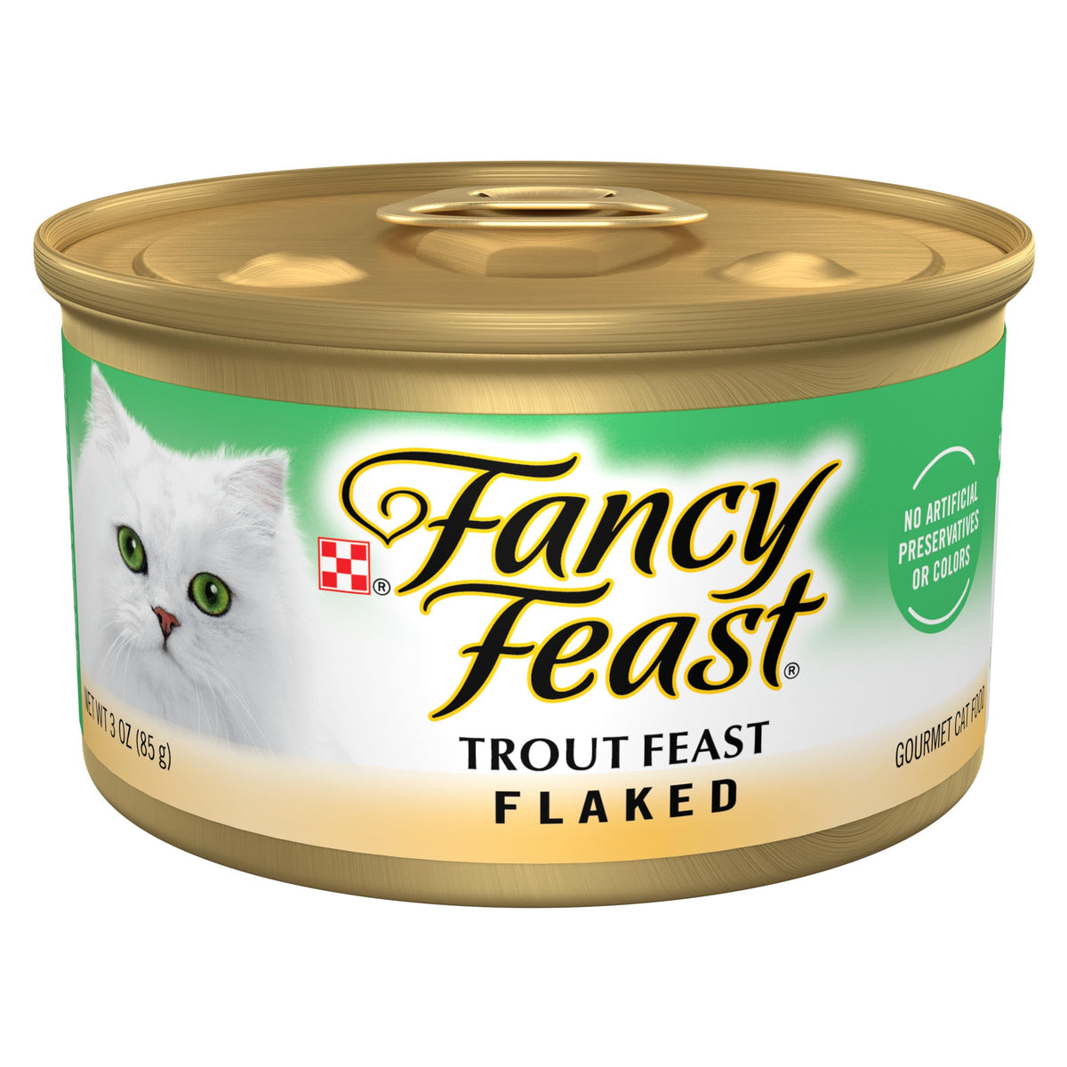 Fancy Feast trucha desmenuzada en lata de 3 oz, textura suave y apetitosa.