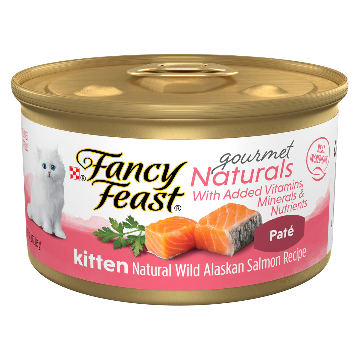 Fancy Feast Wild Alaskan Salmon kitten pate can shown with soft texture for easy feeding