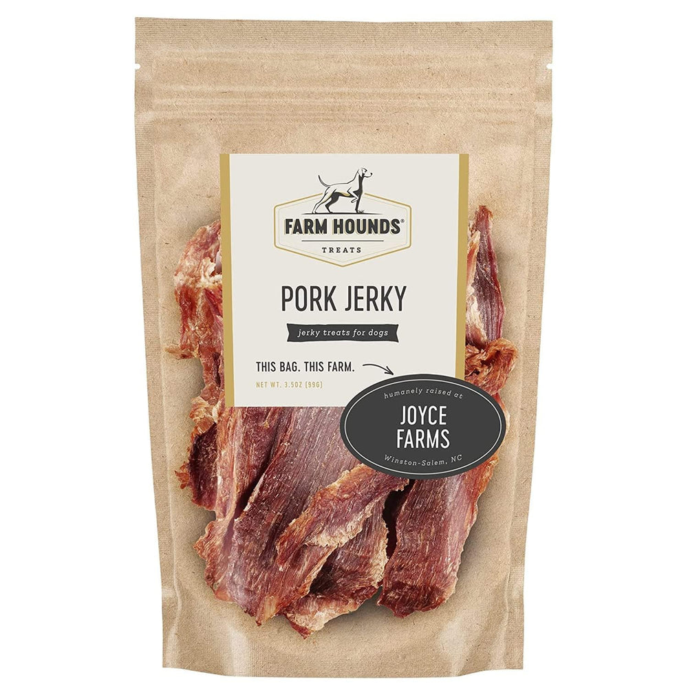 Farm Hounds jerky de cerdo para perros, ideal como recompensa de entrenamiento.