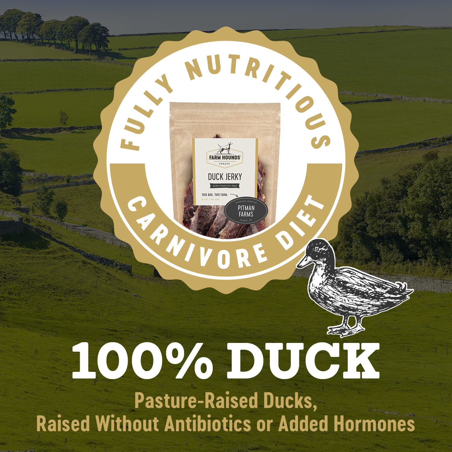 Pato criado humanamente, jerky natural de Farm Hounds.