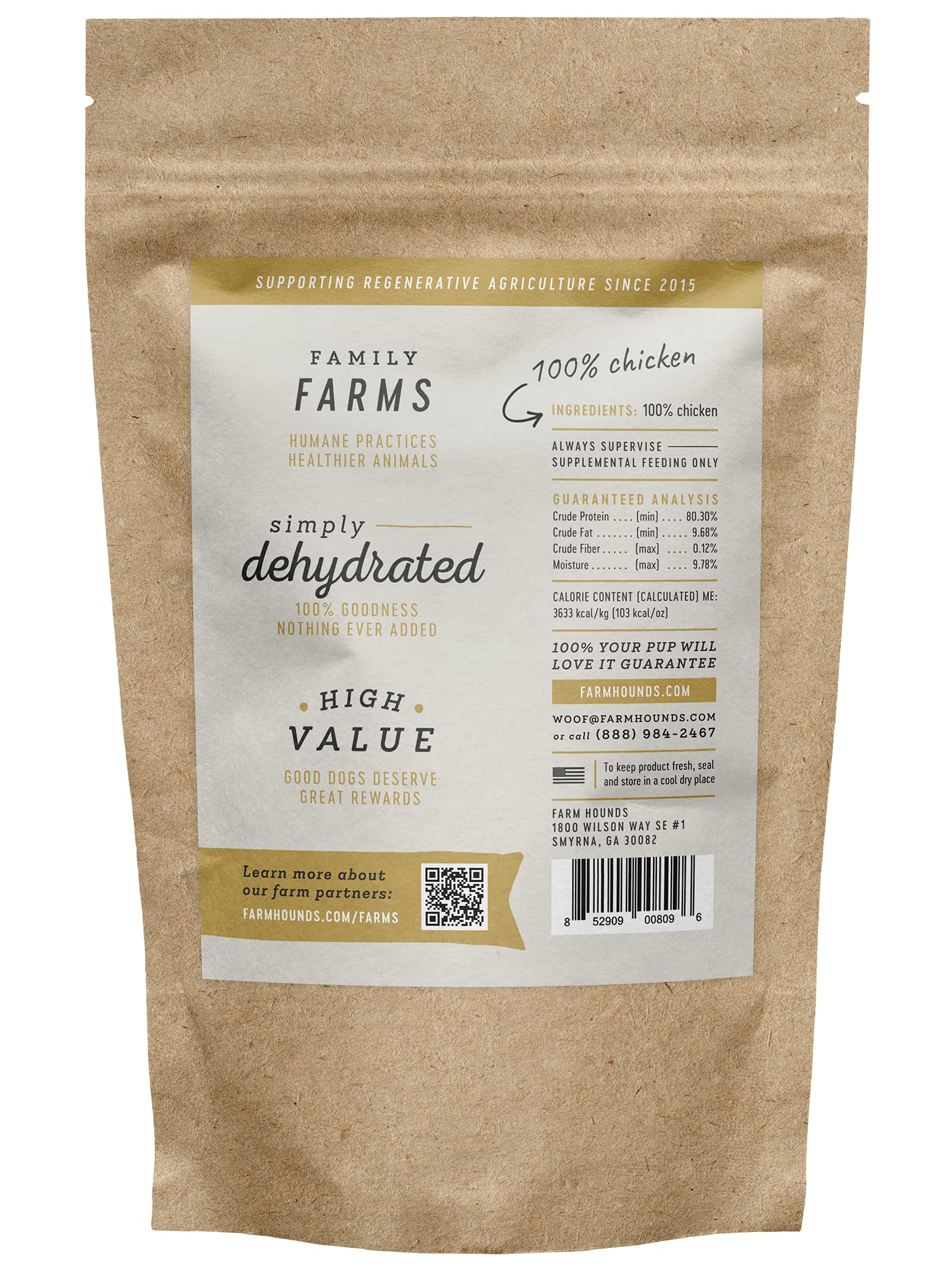 Farm Hounds jerky de pollo criado en granjas familiares.