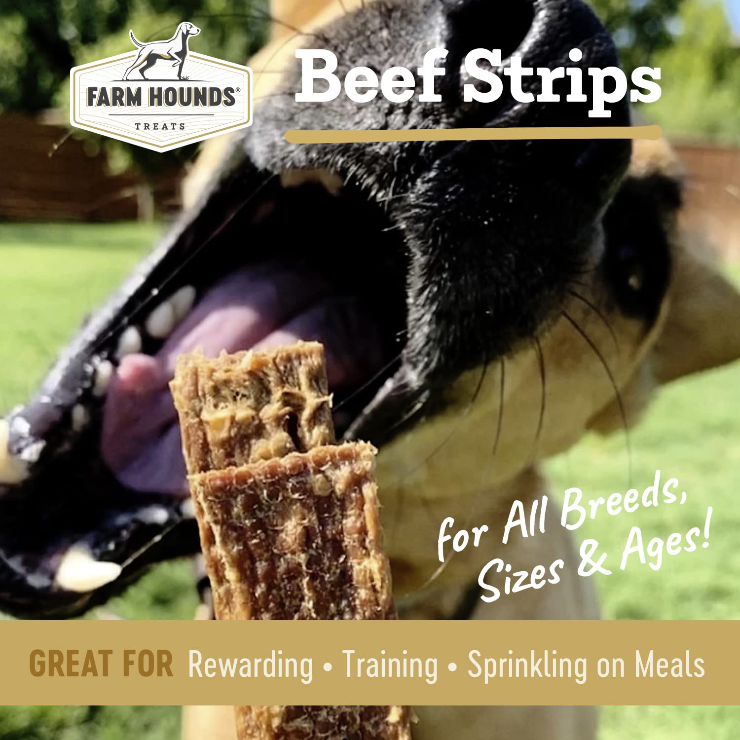 Farm Hounds Tiras de Ternera, ingredientes naturales visibles, sin rellenos.