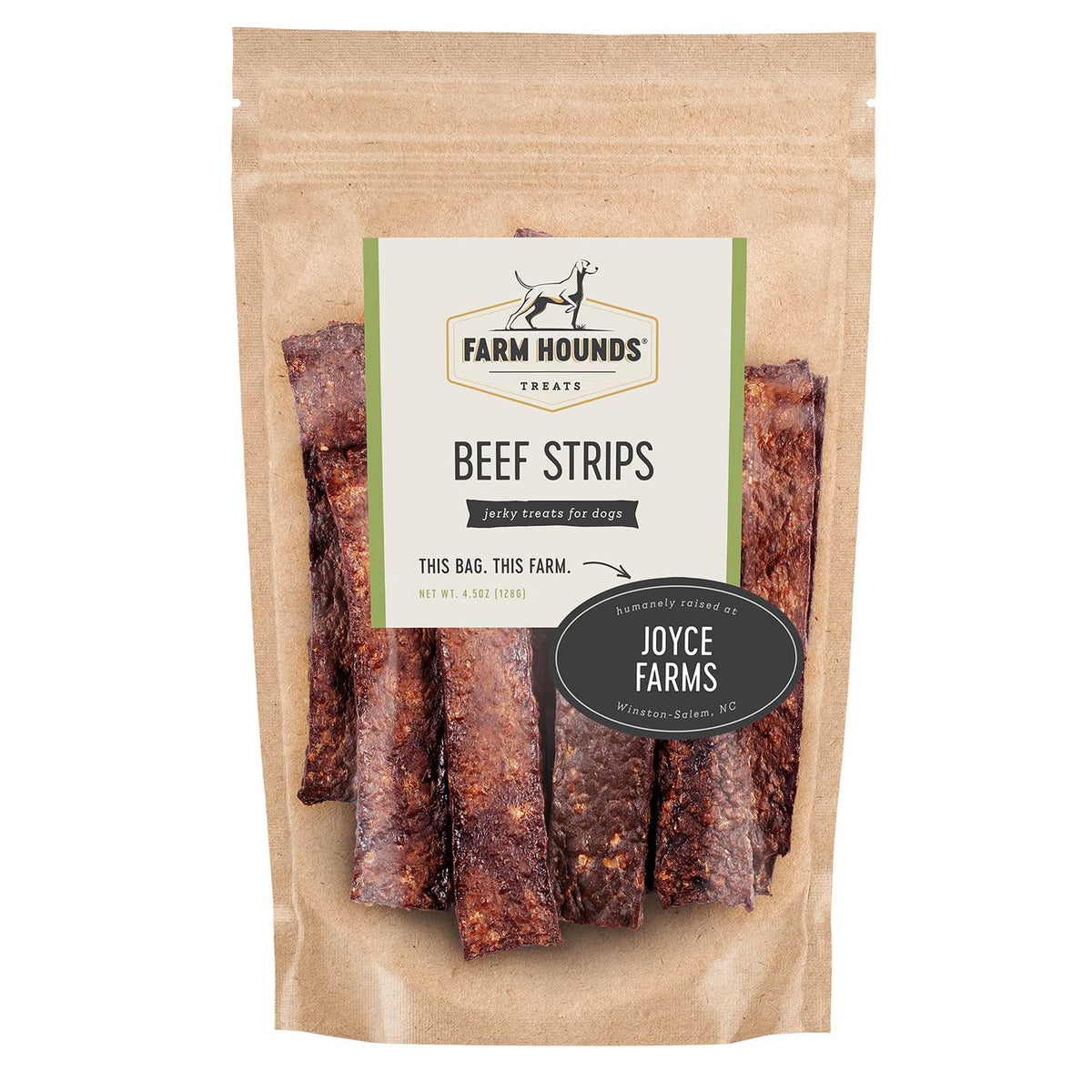 Farm Hounds Tiras de Ternera, paquete frontal, snack natural para entrenamiento.