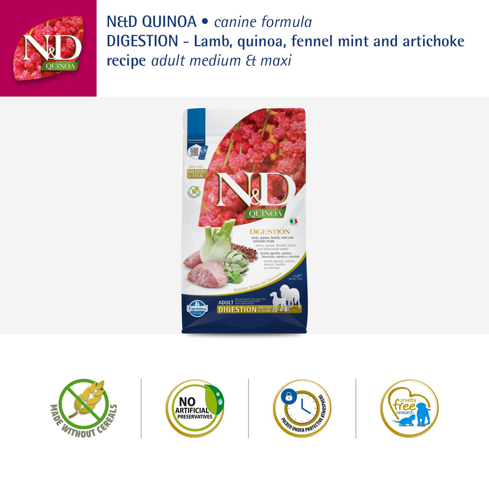Farmina Digestion Lamb, etiqueta nutricional, incluye glucosamina y condroitina para articulaciones.