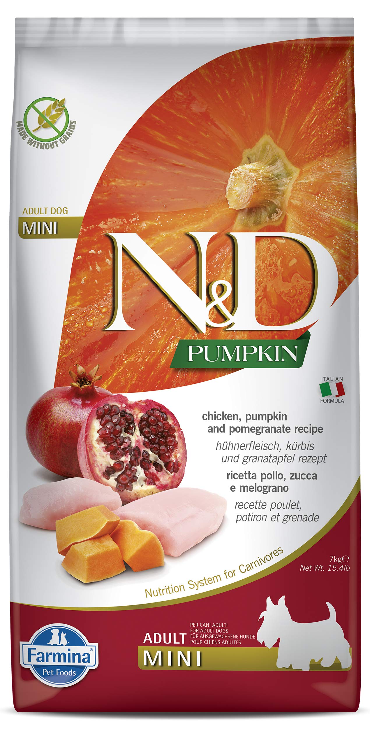 Farmina N&D frente del paquete: croquetas sin granos con calabaza, pollo y granada para perros